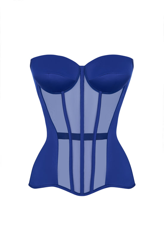 Blue satin corset with transparent front and reliefs