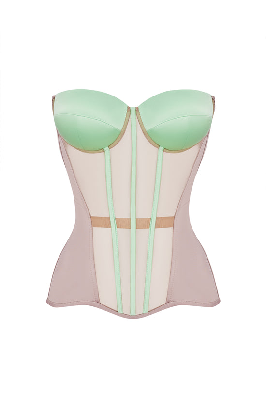 Beige satin corset with transparent front and mint reliefs