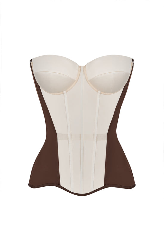 Brown satin corset with transparent front and milk reliefs