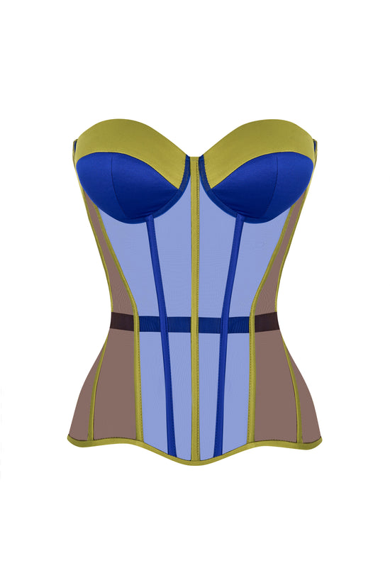 Olive satin corset with transparent front and blue reliefs
