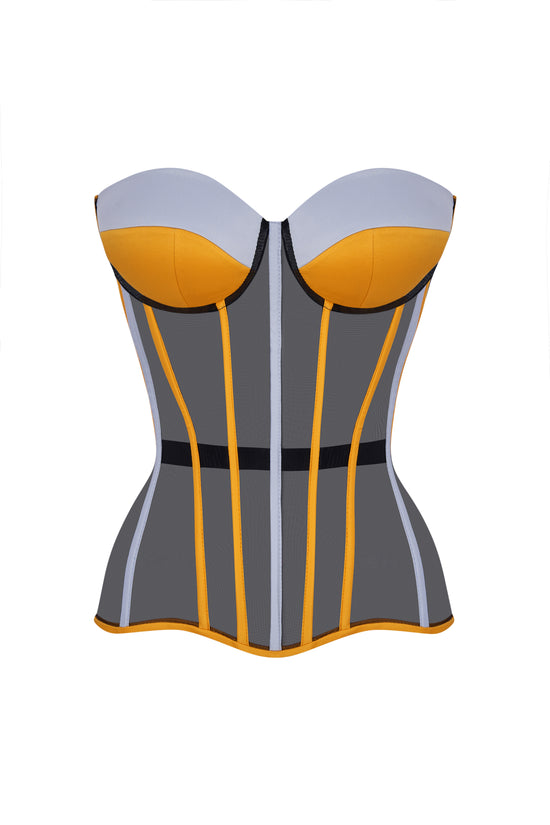 Black corset with yellow-blue reliefs