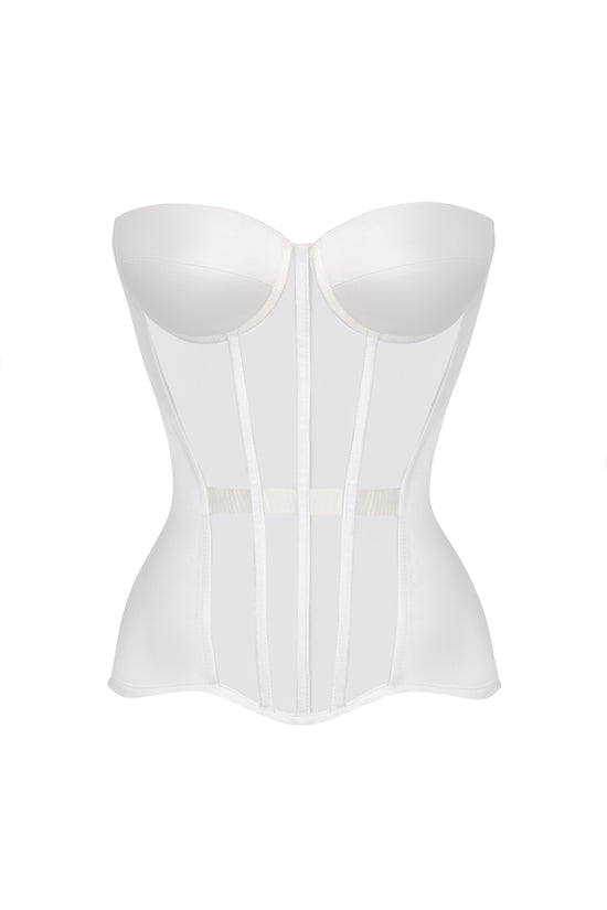 Off-white satin corset with transparent front and reliefs