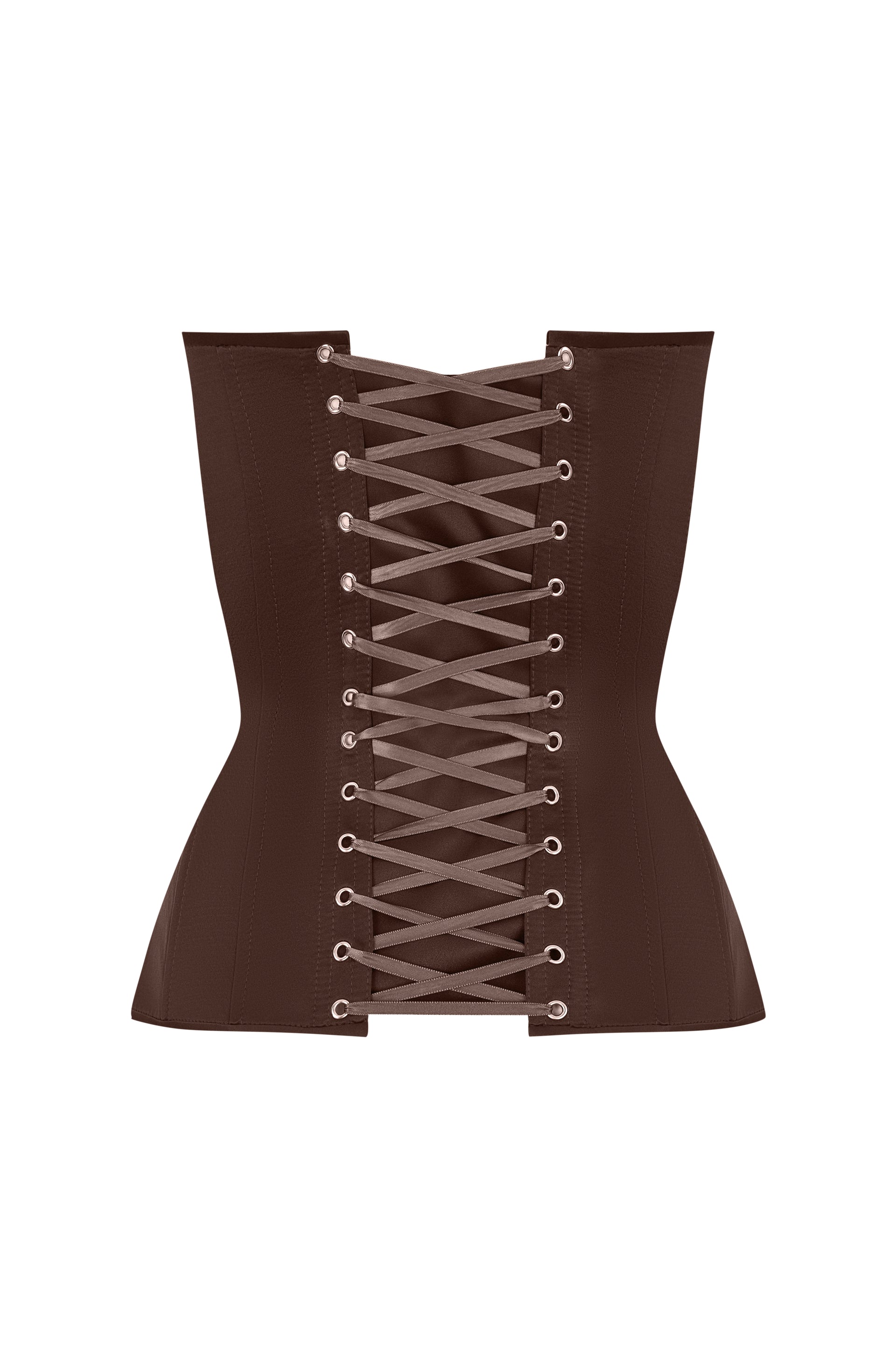 Brown satin corset with transparent front and reliefs