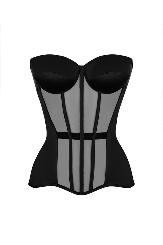 Black satin corset with transparent front and reliefs