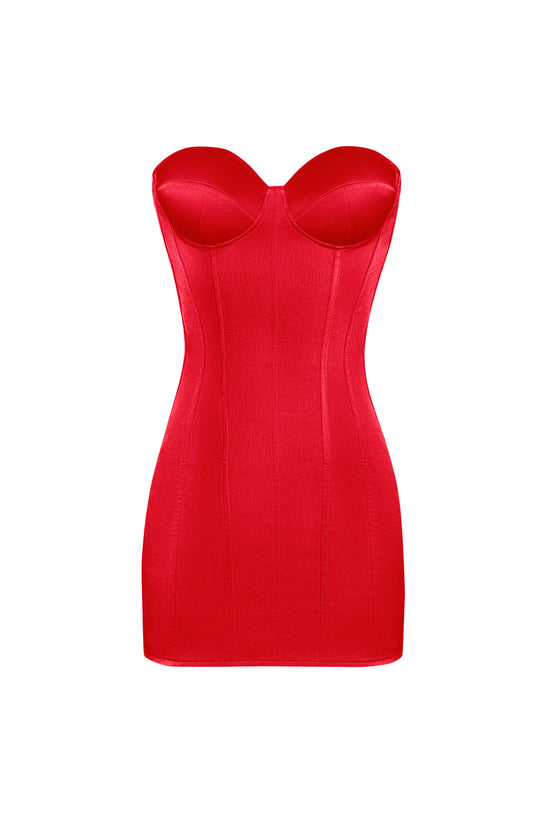 Red satin dress.