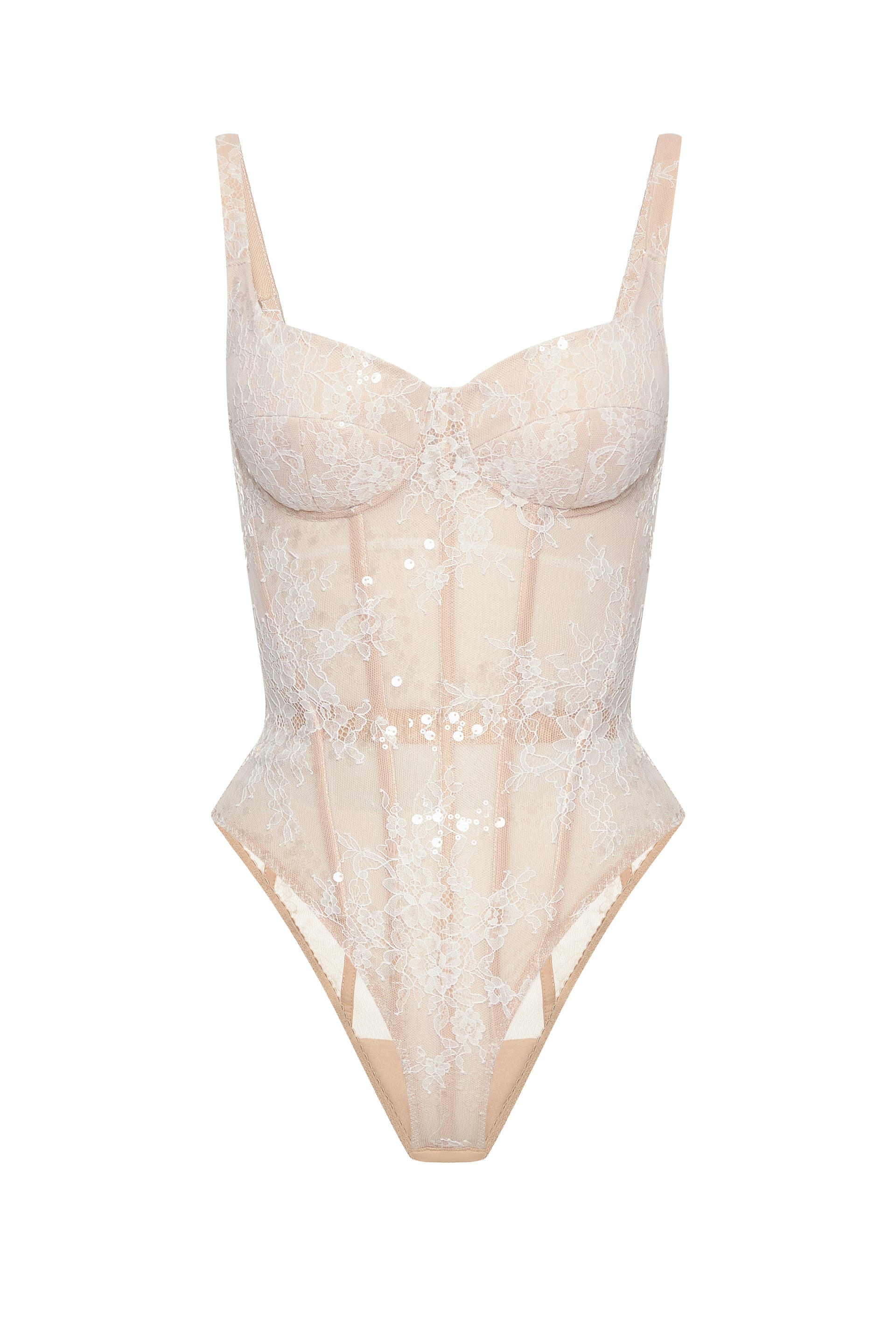Desire drop. White lace bodysuit on a beige base