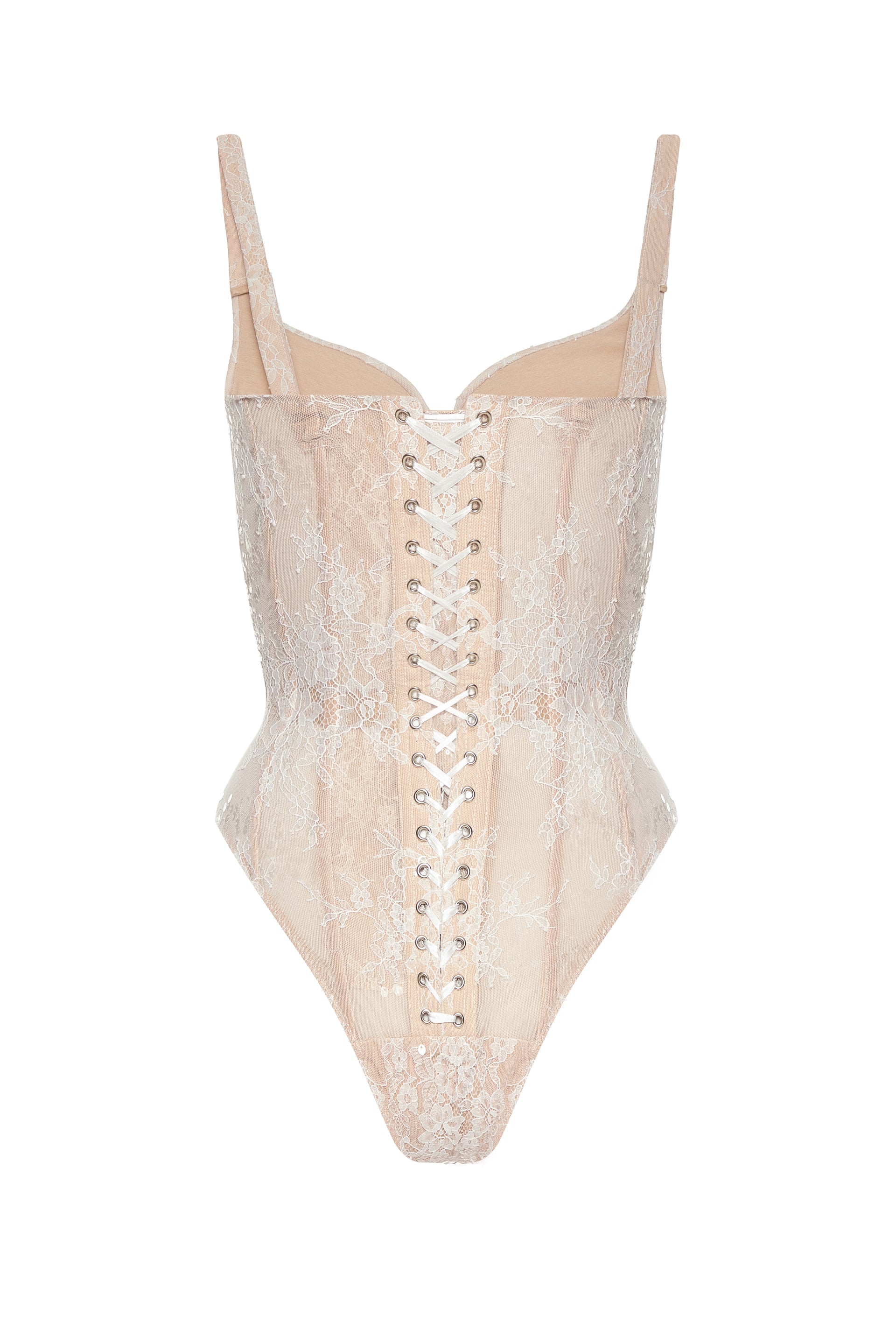 Desire drop. White lace bodysuit on a beige base