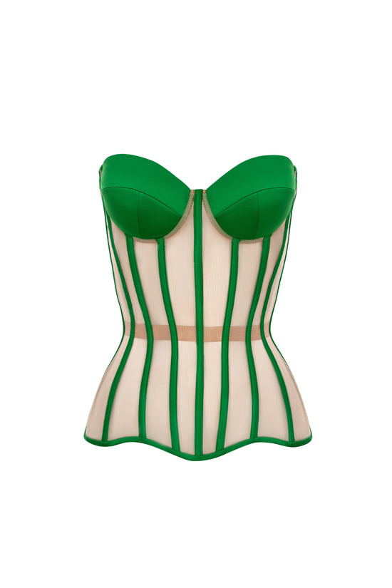 Green corset with reliefs and satin cups