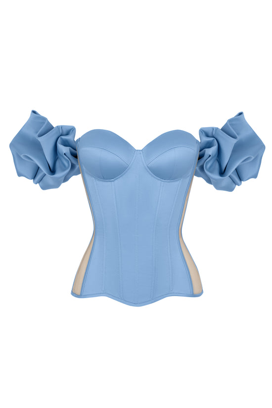 Jeans blue satin corset with transparent back and with detachable sleeves