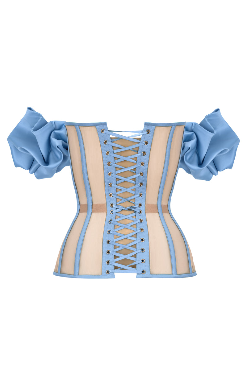 Jeans blue satin corset with detachable sleeves