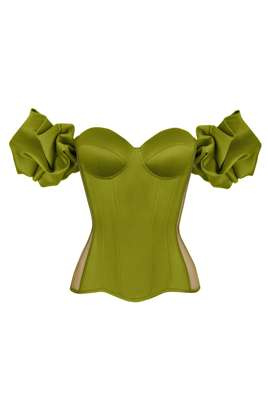 Olive satin corset with transparent back and detachable sleeves