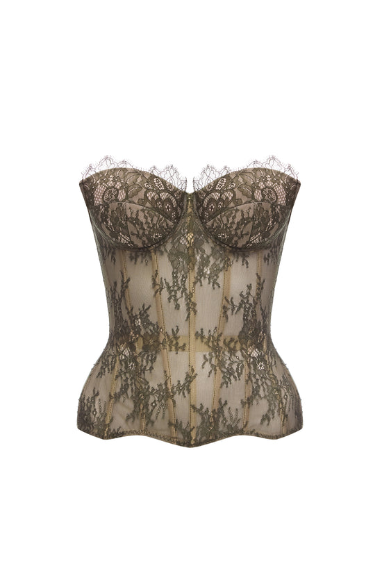 Desire drop. Lace khaki corset on beige base