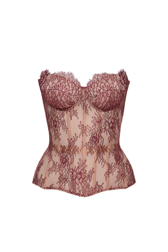 Desire drop. Lace burgundy corset on beige base