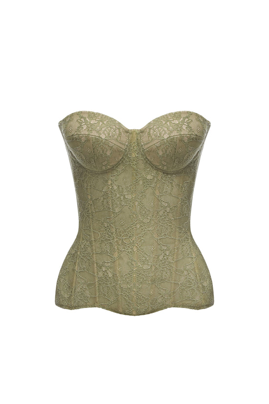 Desire drop. Lace olive corset on beige base