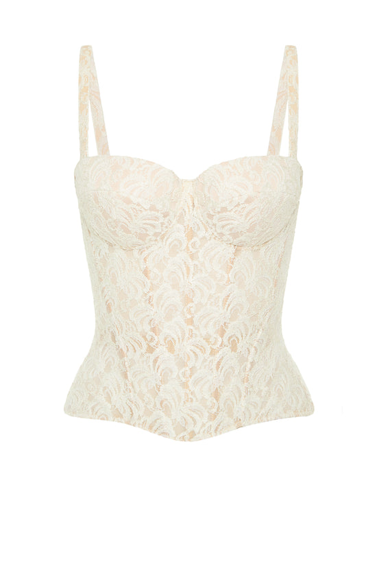 Desire drop. Lace white corset on beige base