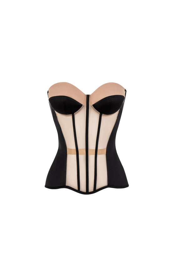 Black satin corset with transparent front