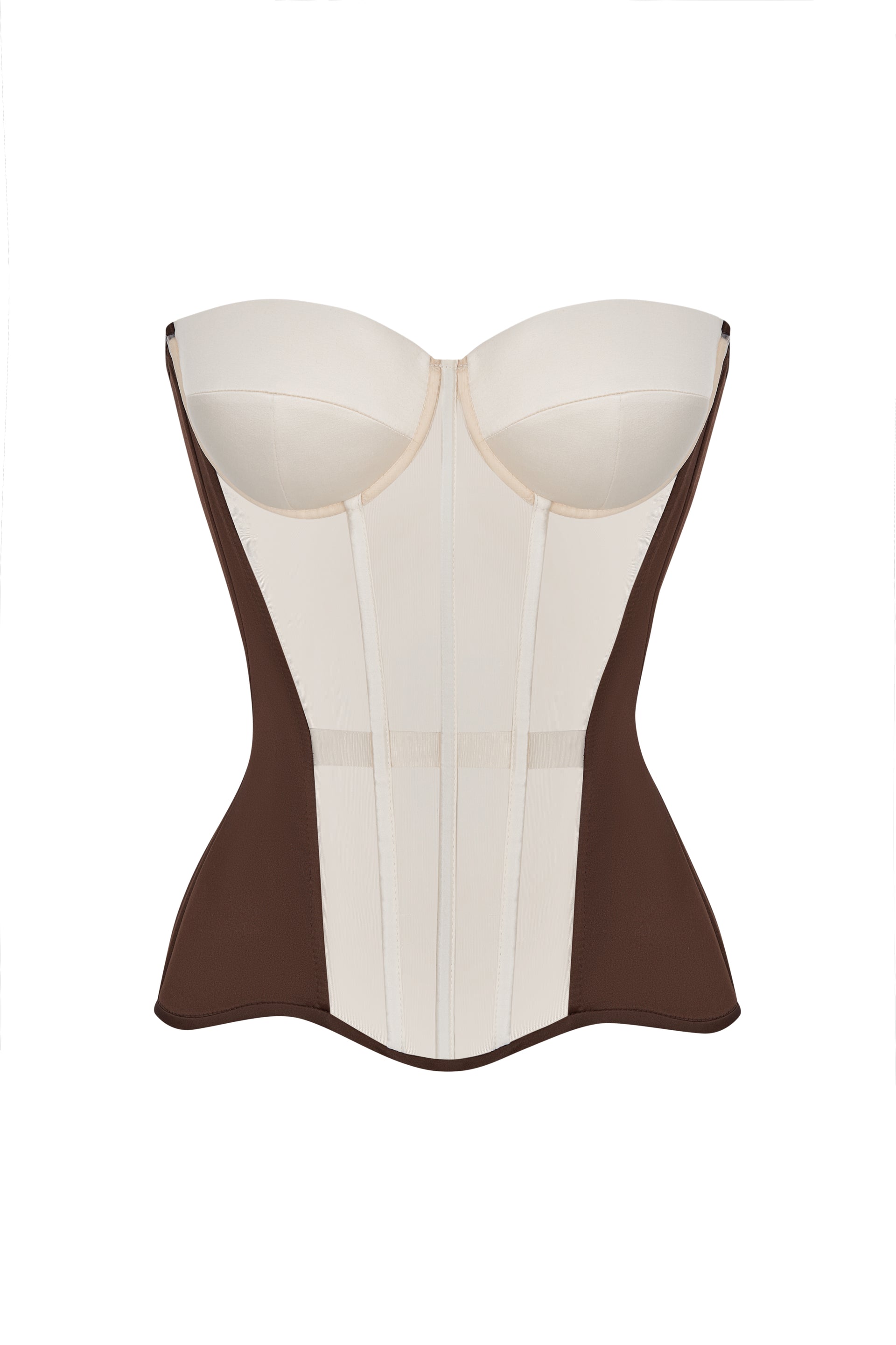 Brown satin corset with transparent front and milk reliefs