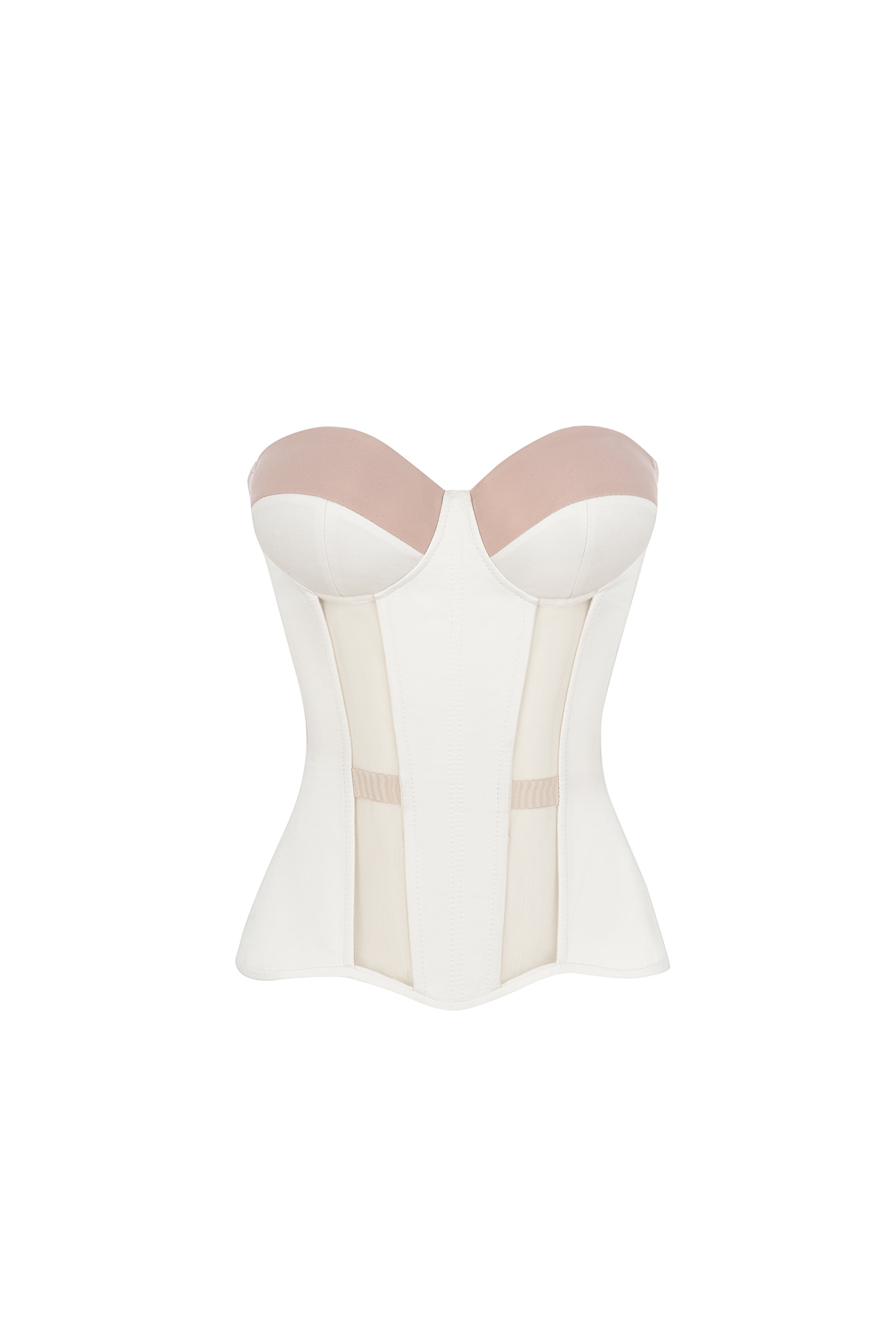 Off white satin corset with transparent reliefs