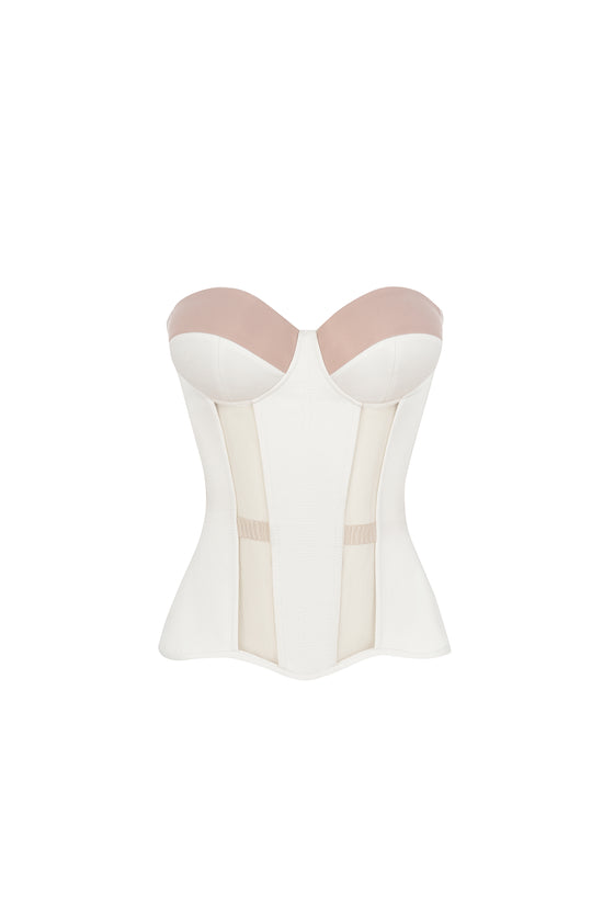 Off white satin corset with transparent reliefs