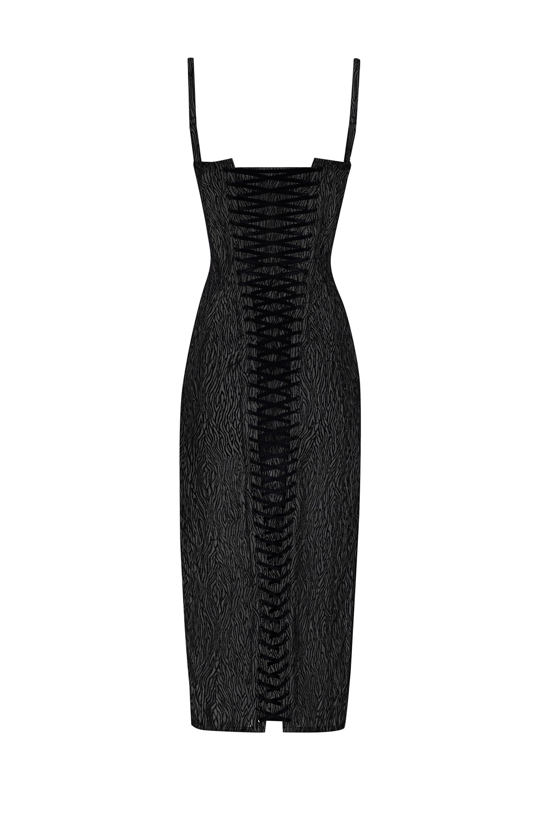 Shiny total black midi corset dress - STATNAIA Shiny total black midi corset dress - STATNAIA