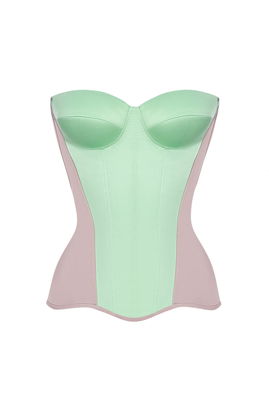 Beige satin corset with mint front