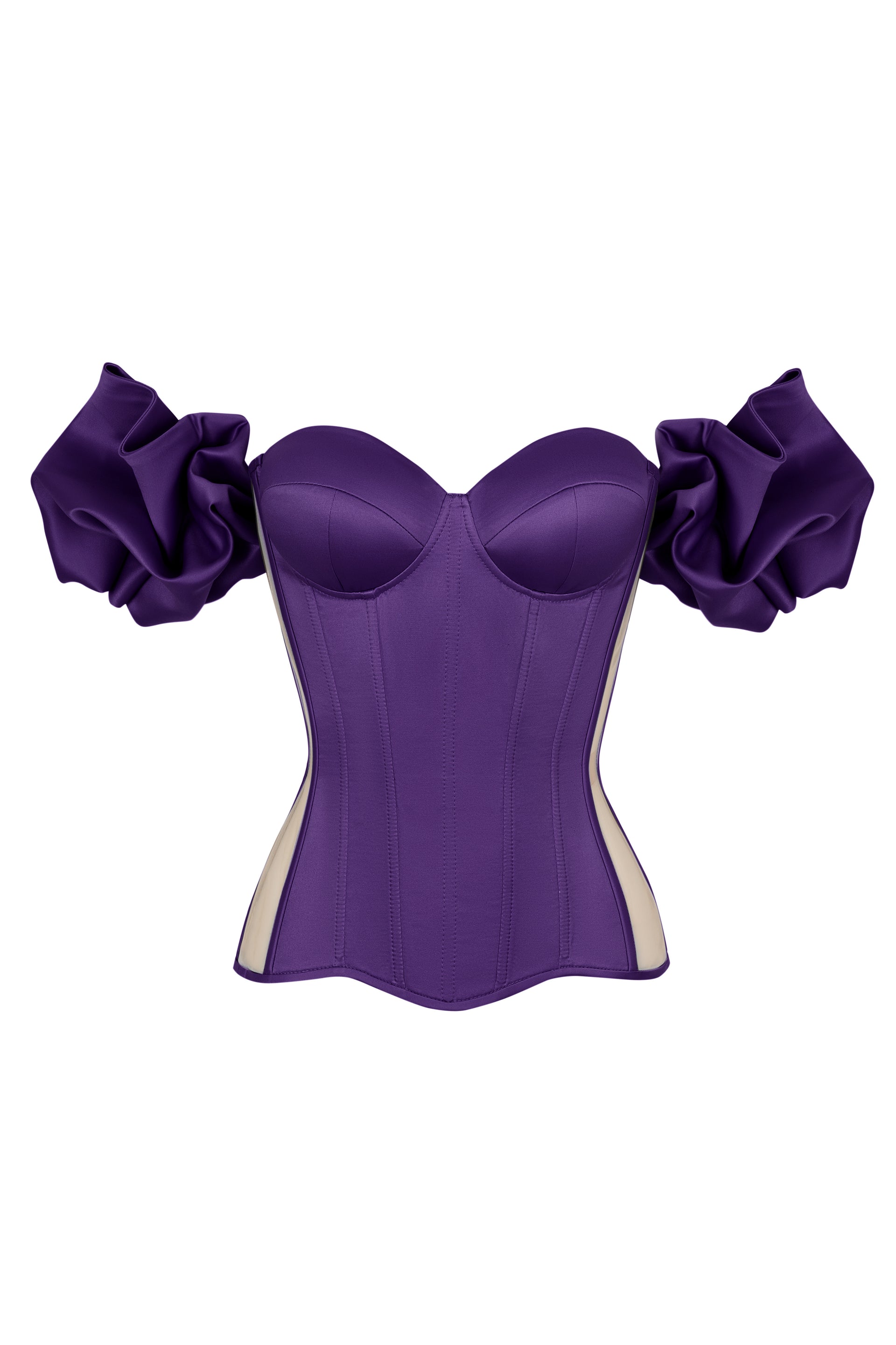 Purple satin corset with transparent back and detachable sleeves