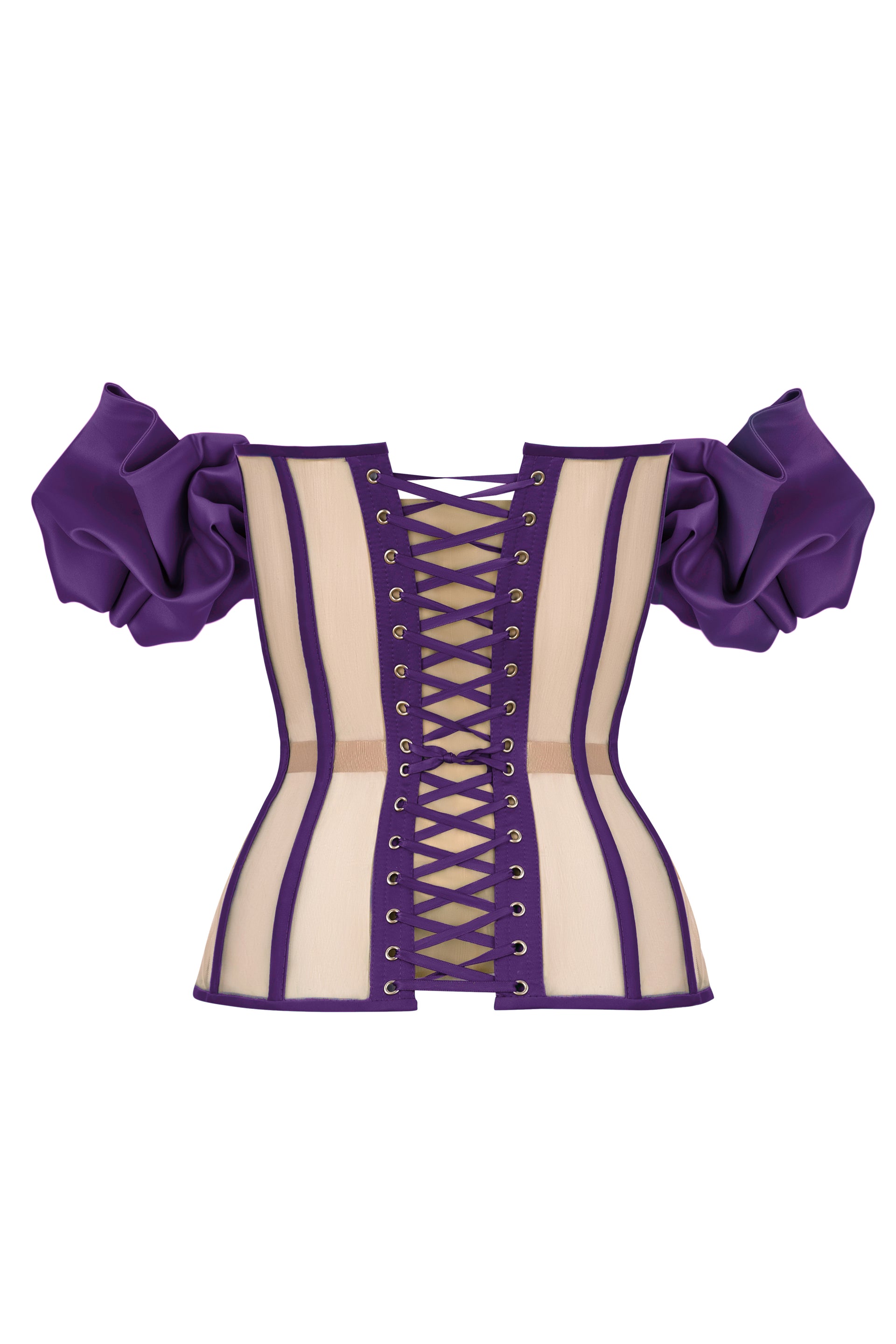 Purple satin corset with transparent back and detachable sleeves