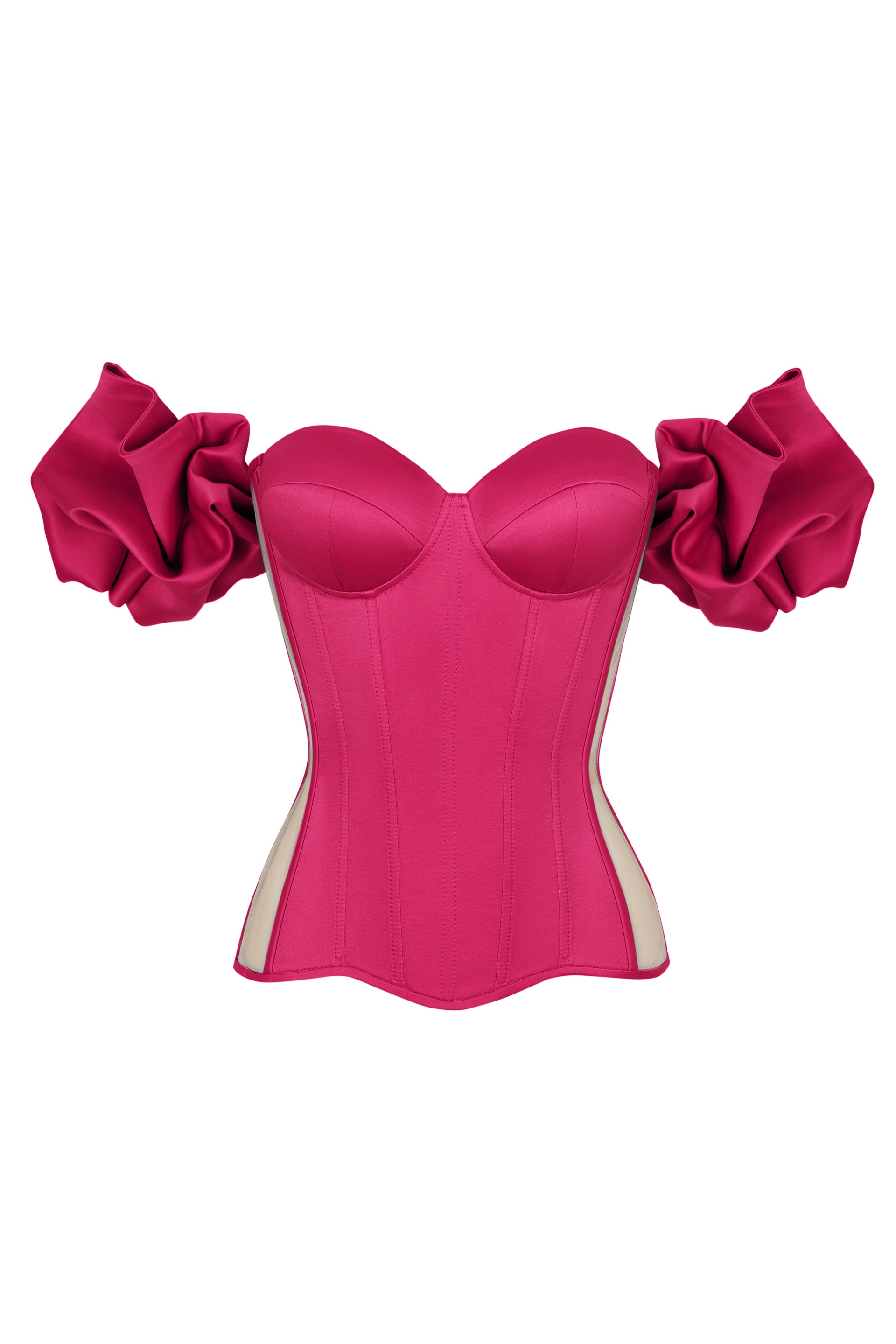 Shocking pink satin corset with transparent back and detachable sleeves