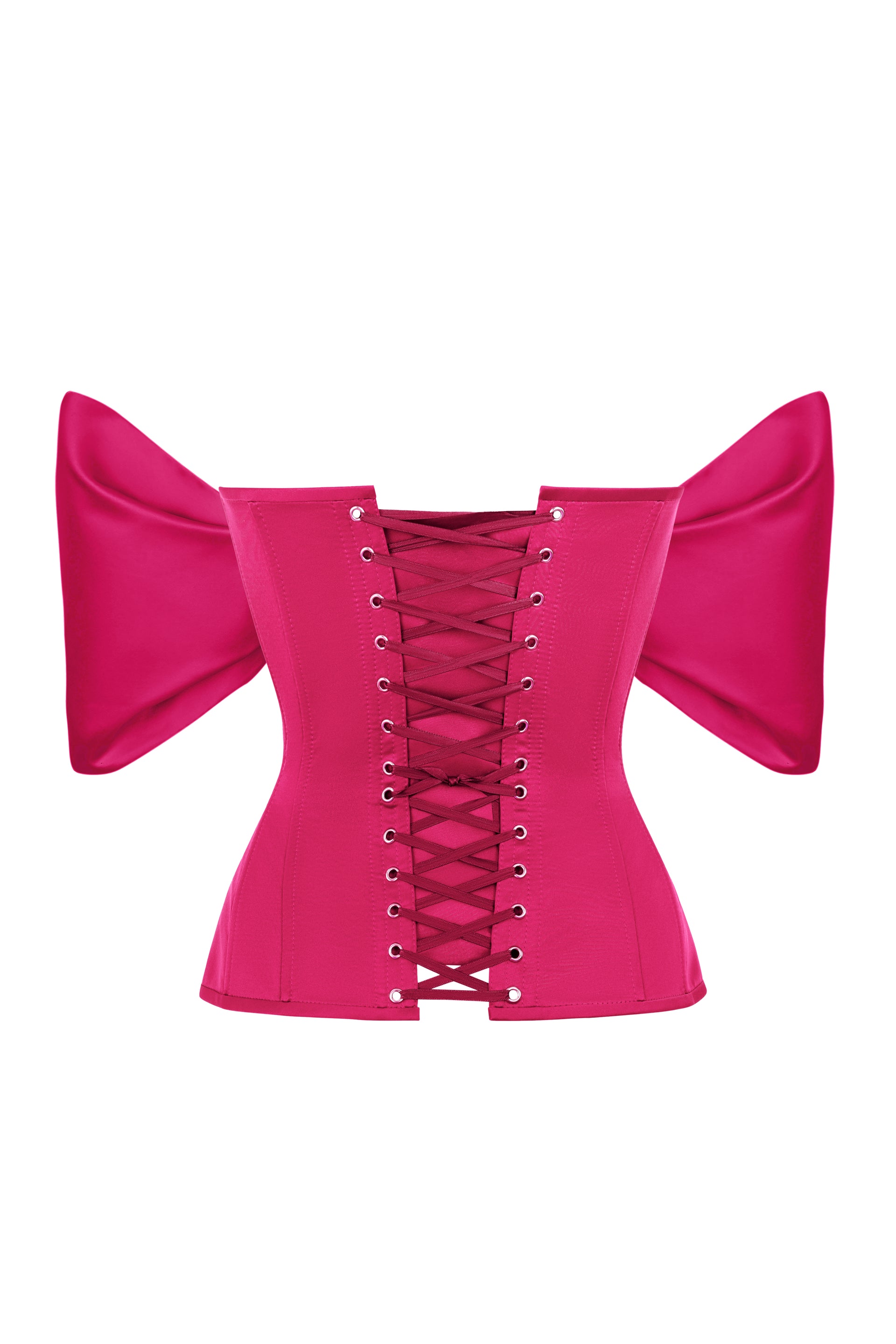 Shocking pink satin corset with detachable sleeves