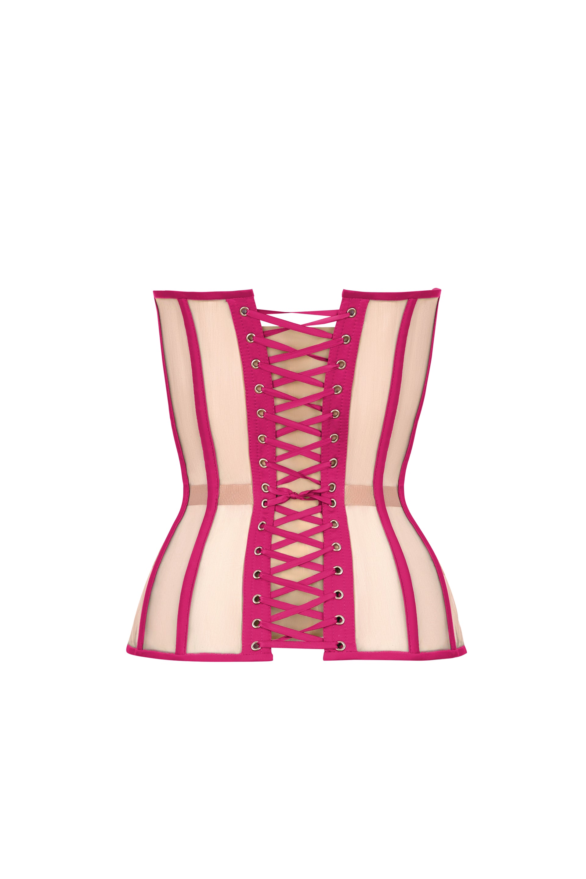 Shocking pink satin corset with transparent back
