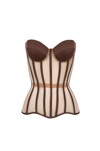 Brown corset with reliefs and satin cups