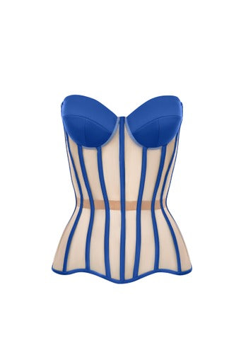 Blue corset with reliefs and satin cups