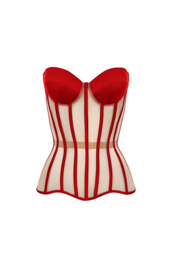 Red corset with reliefs and satin cups