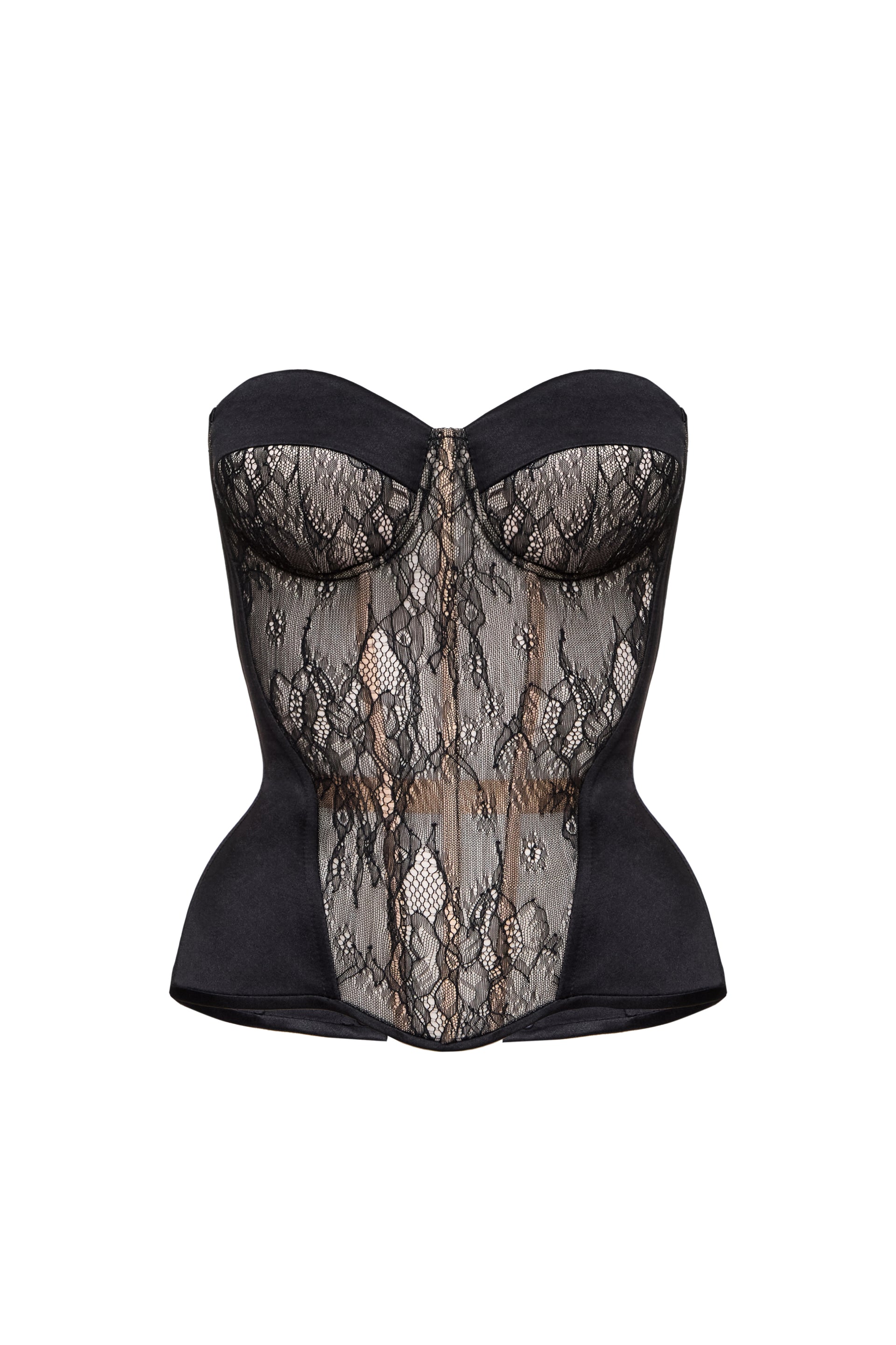 Defiance drop. A black corset with a lace front on a beige base
