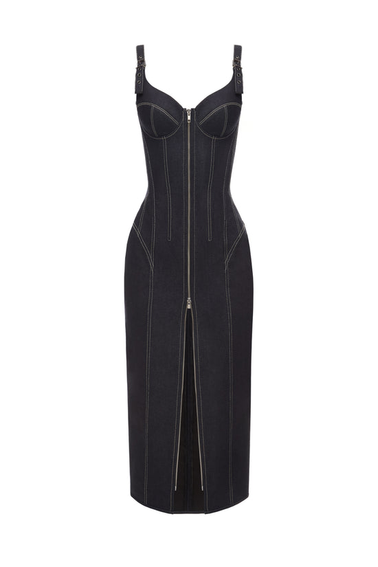 Bittersweet drop. Front-zip denim midi dress