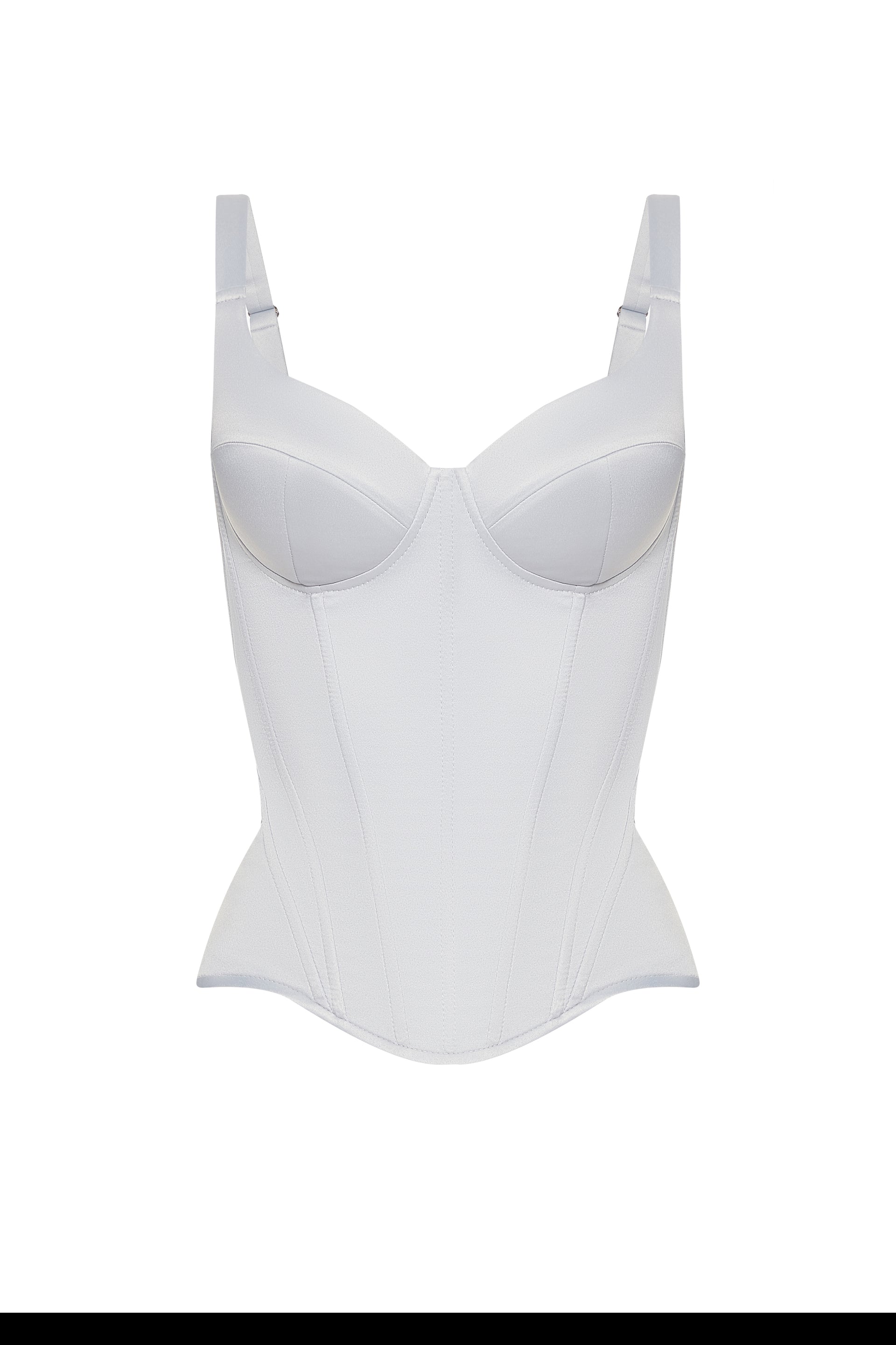 Defiance drop. A light grey corset with fixed straps