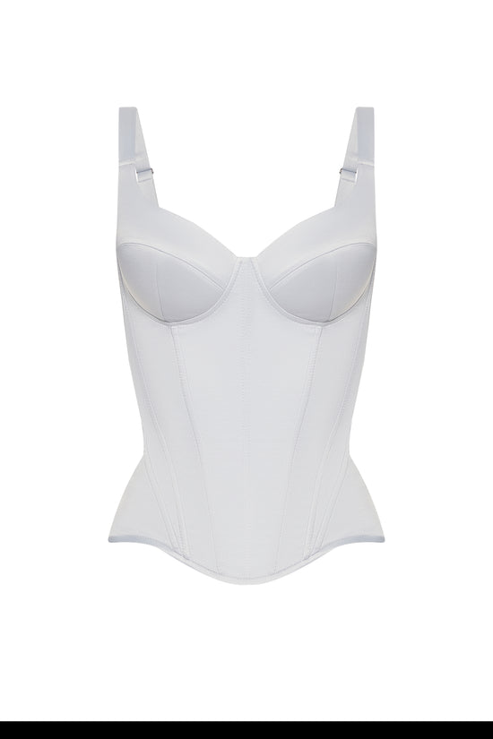 Defiance drop. A light grey corset with fixed straps