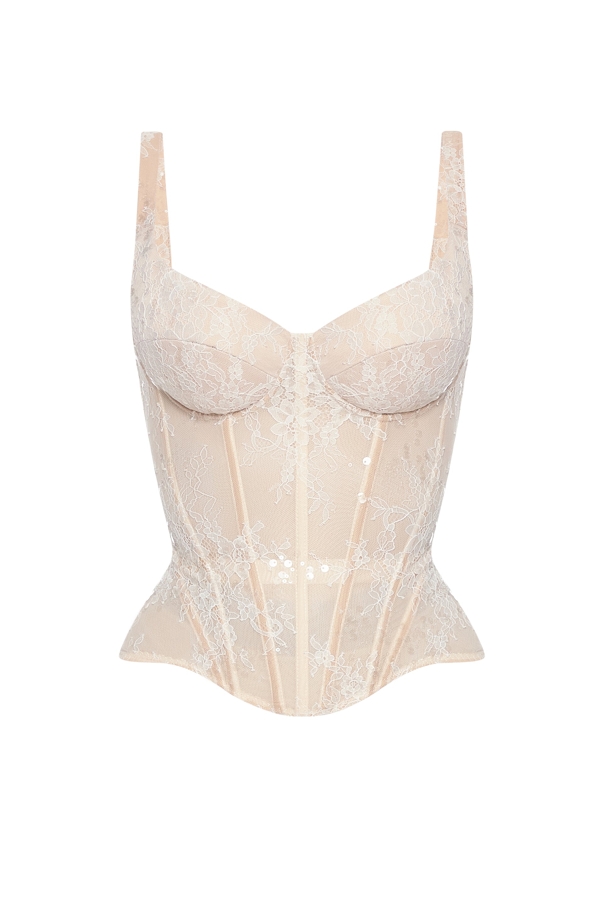 Defiance drop. A white lace corset with sequins and fixed straps.