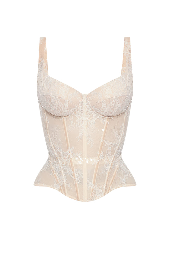 Defiance drop. A white lace corset with sequins and fixed straps.