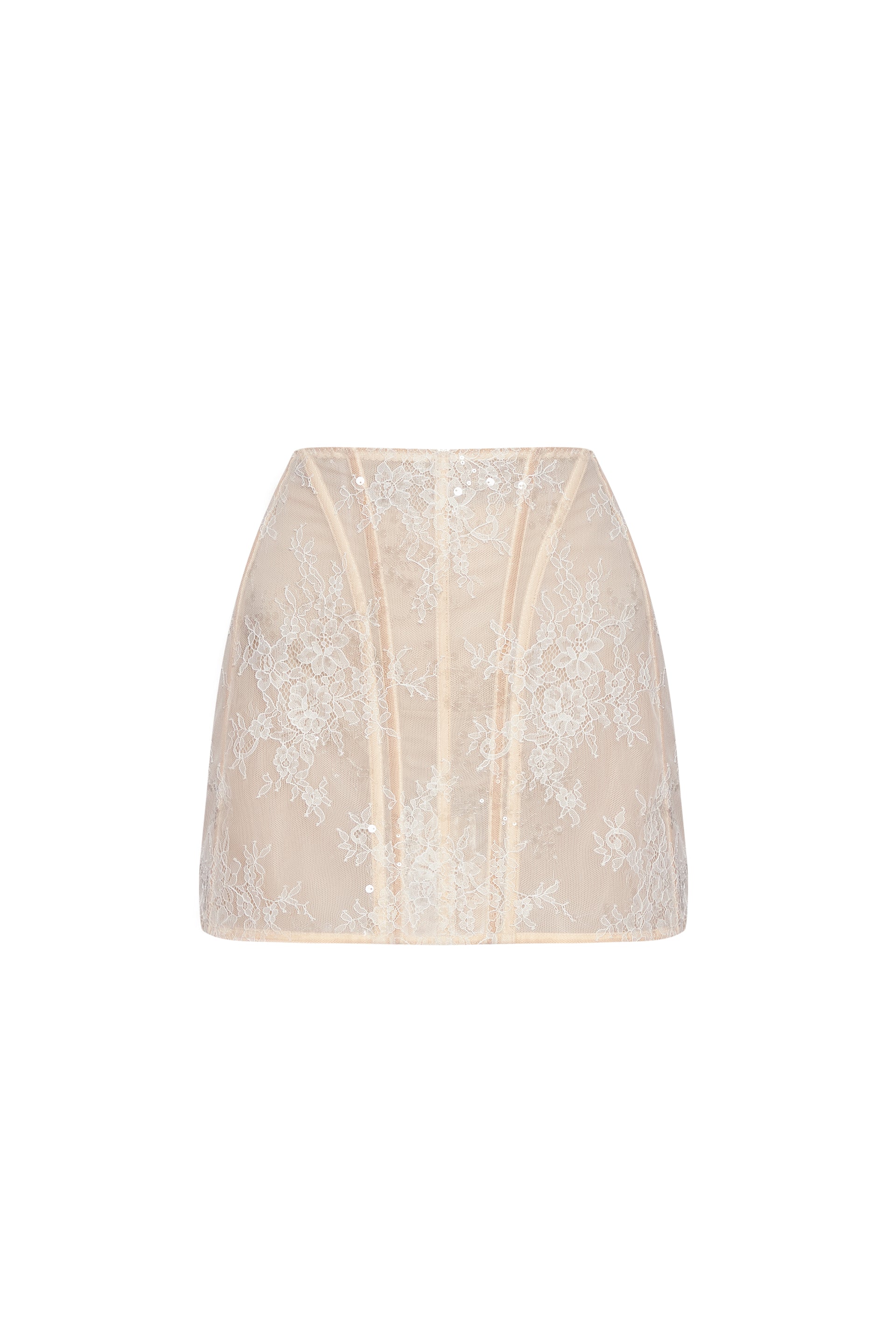 Defiance drop. A beige lace skirt with sequins