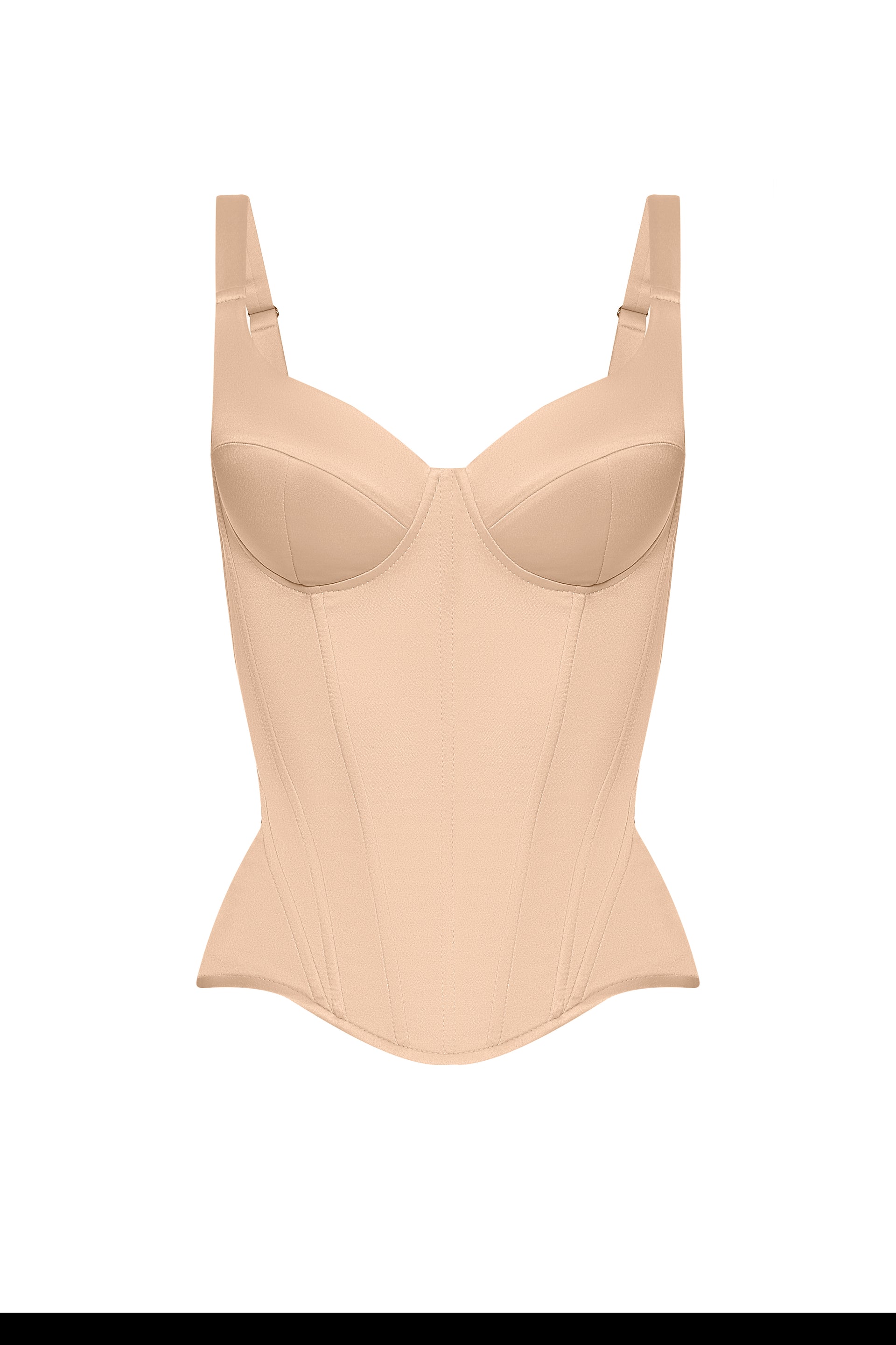 Defiance drop. A beige corset with fixed straps