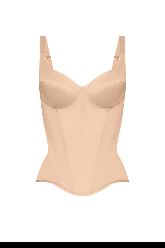Defiance drop. A beige corset with fixed straps