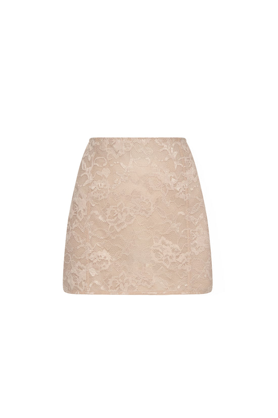 Defiance drop. A beige lace skirt