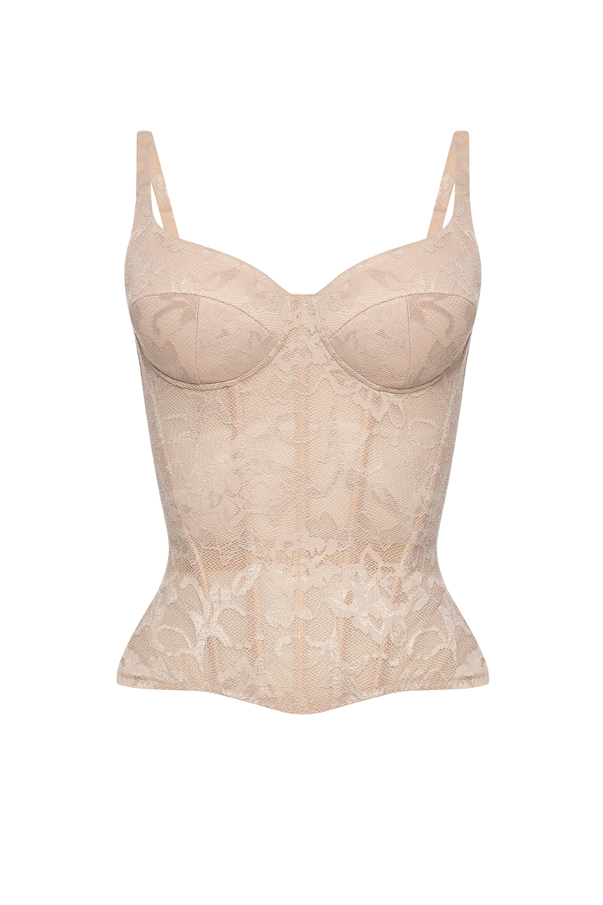 Defiance drop. A beige lace corset with fixed straps
