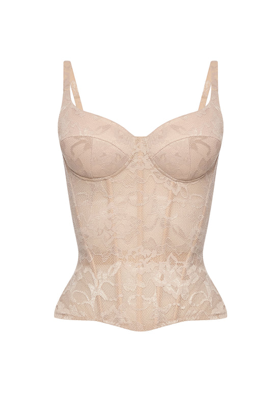 Defiance drop. A beige lace corset with fixed straps