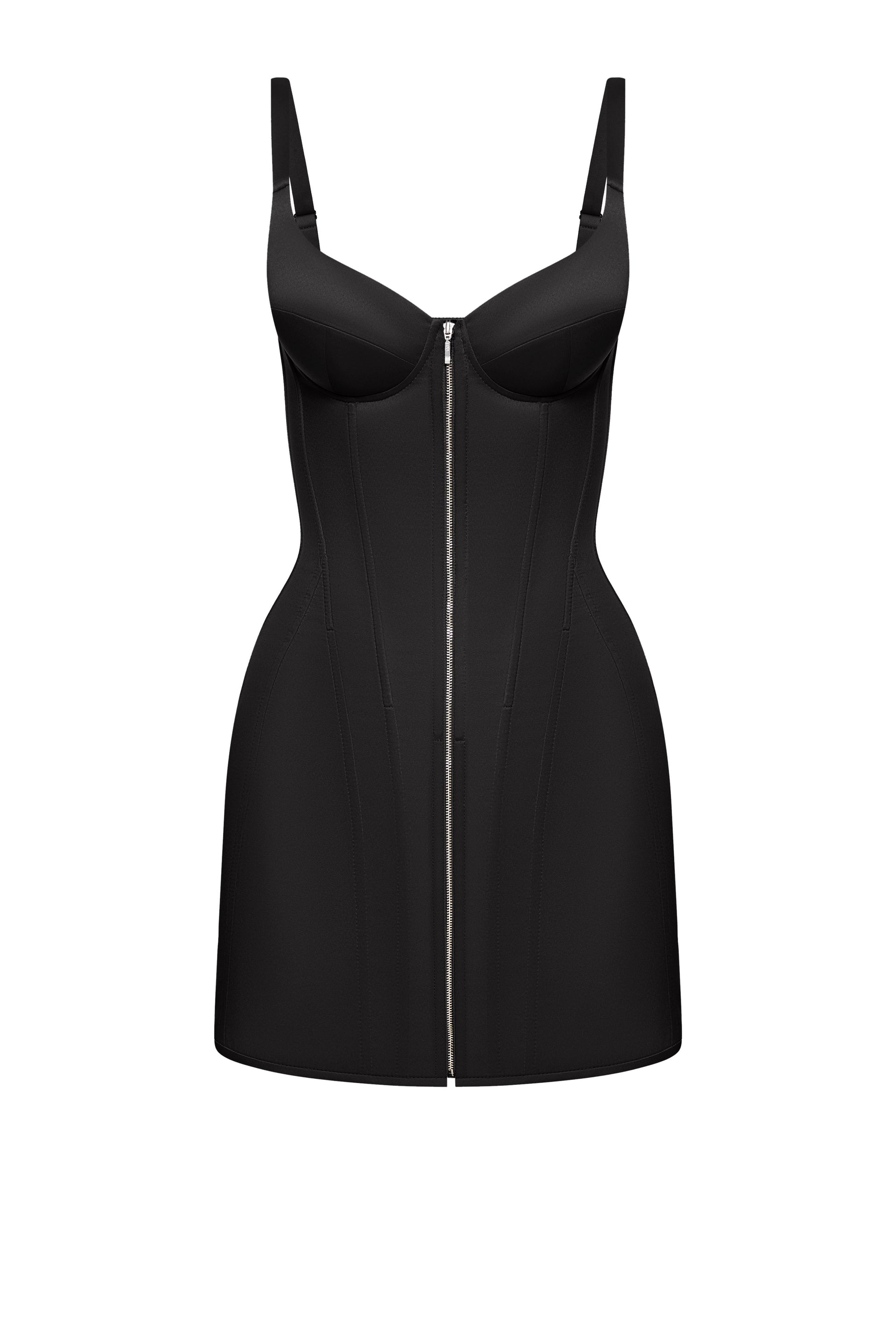Defiance drop. A black dress with fixed straps and a zipper