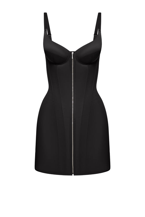 Defiance drop. A black dress with fixed straps and a zipper