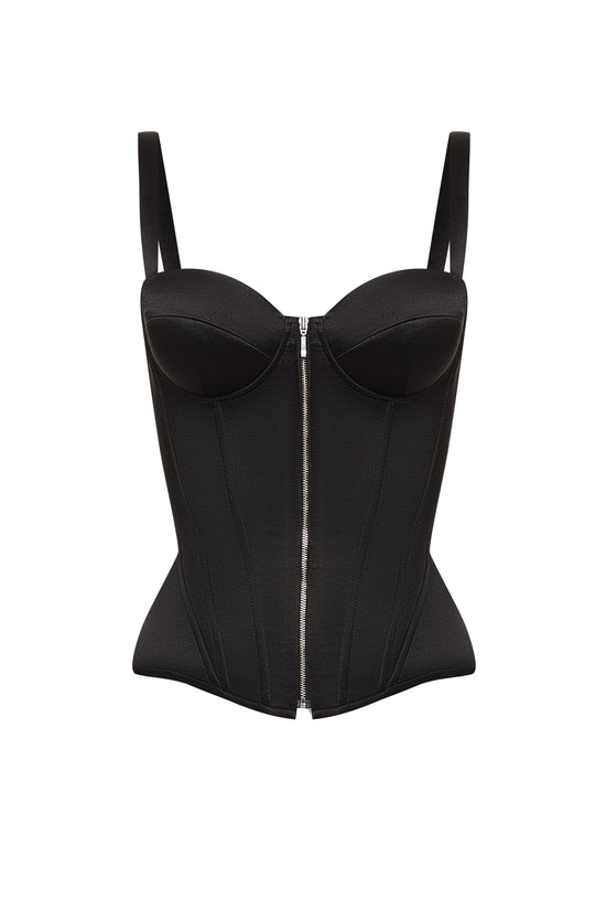 Defiance drop. A black corset with removable straps and a zipper