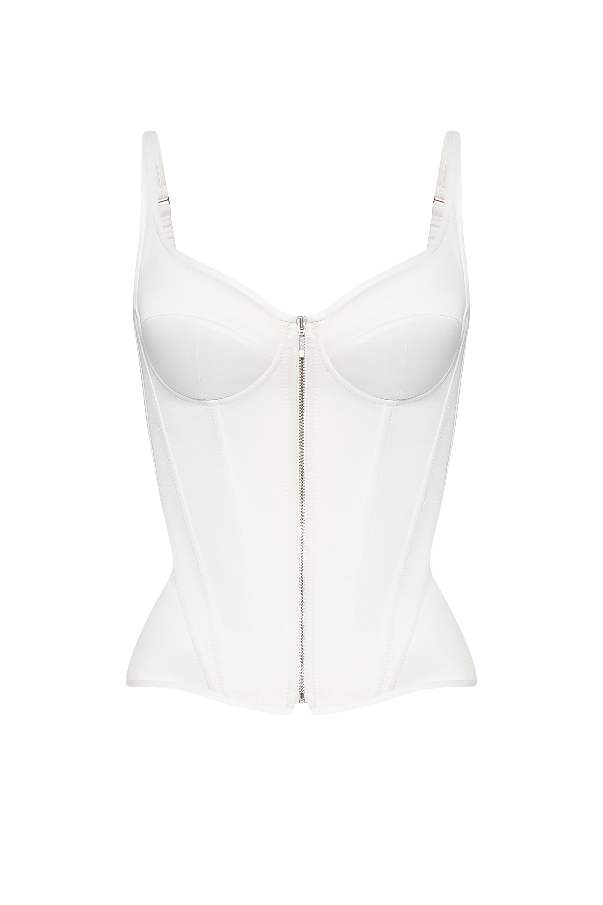 Defiance drop. An off-white corset with fixed straps and a zipper