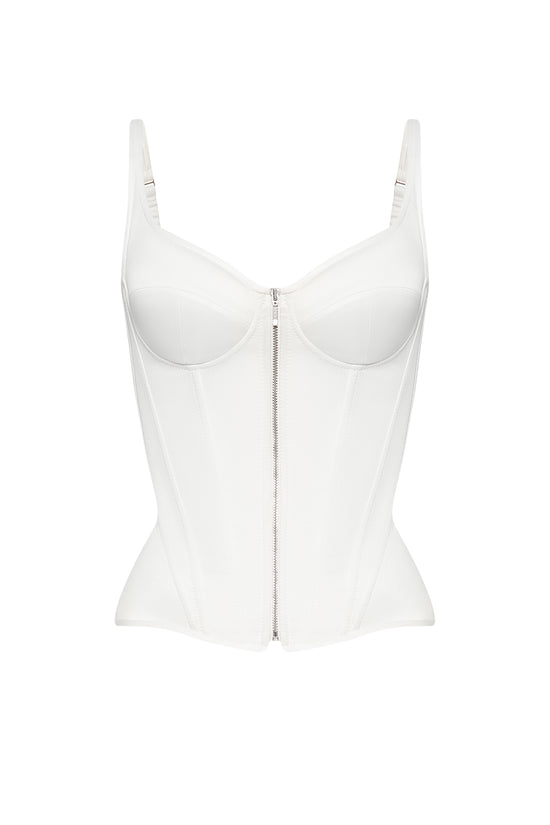 Defiance drop. An off-white corset with fixed straps and a zipper